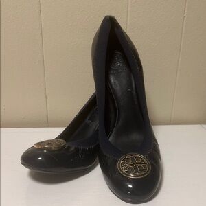 Tory Burch Black Patent Heels with Gold Logo